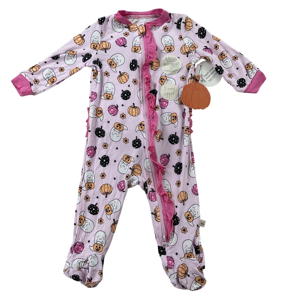 Milkberry Bamboo Pink Halloween Ghost Pumpkin Ruffle 2-Way Zip Footie 0-3M NEW